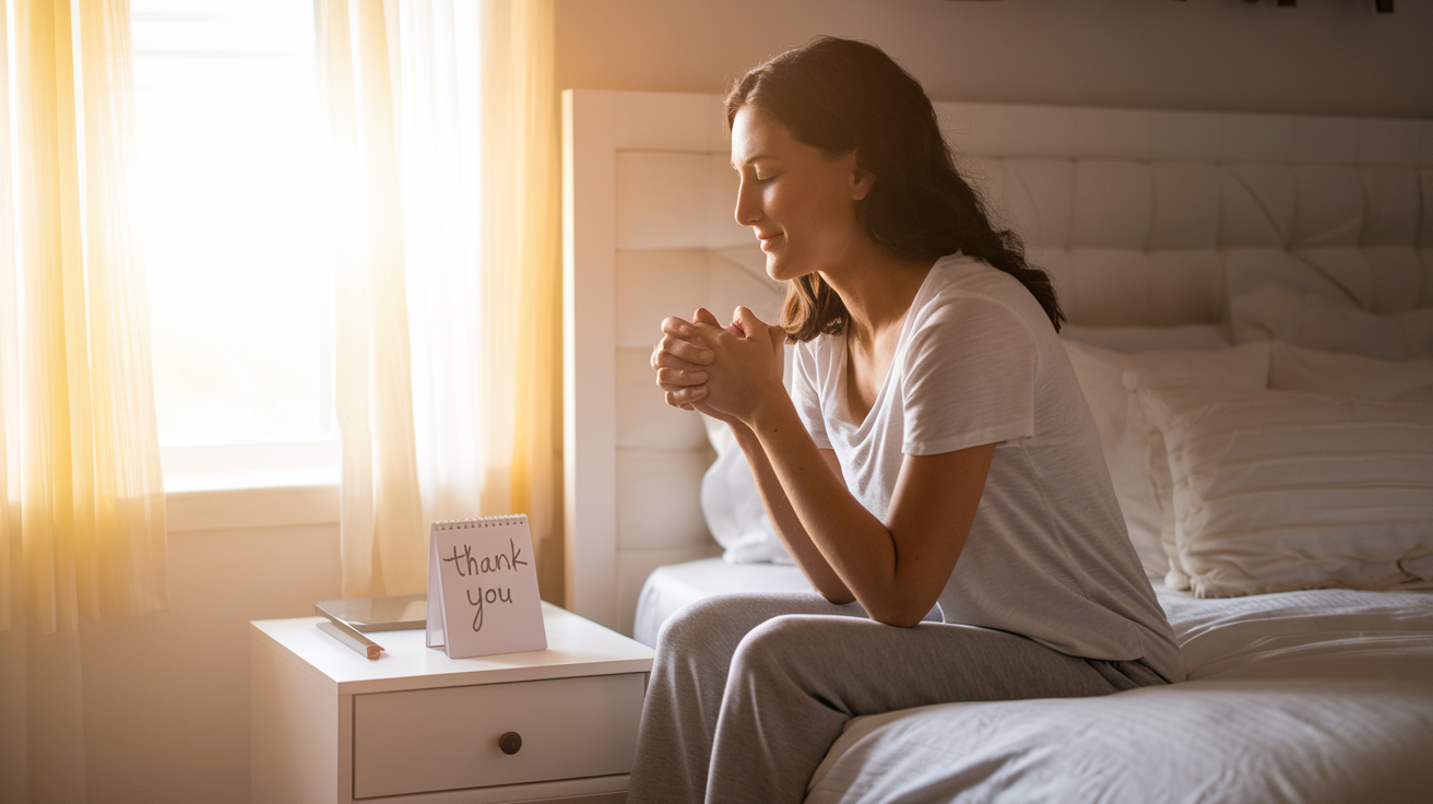 Create a realistic image of a serene sunrise scene with warm golden light filtering through a bedroom window, illuminating a white woman in her 30s sitting on the edge of her bed with her hands clasped in prayer, her face peaceful and grateful, a notepad with "Thank You" written on it visible on the nightstand beside her.