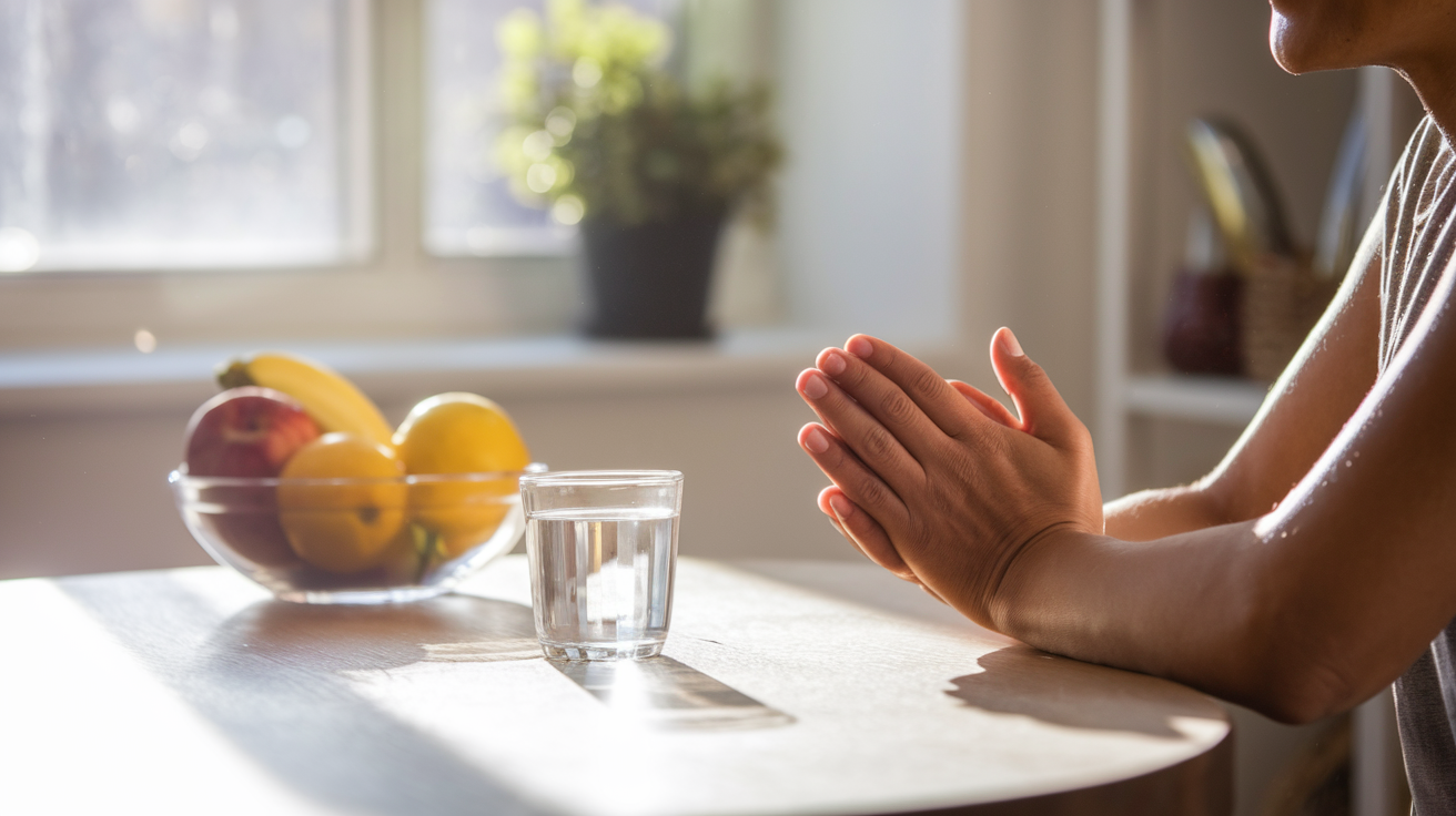Create a realistic image of a serene morning scene with sunlight streaming through a window, illuminating a person's hands clasped in prayer on a wooden table, a glass of water and a bowl of fresh fruit nearby, symbolizing health and well-being, with a warm, grateful expression on the person's face partially visible in soft focus.