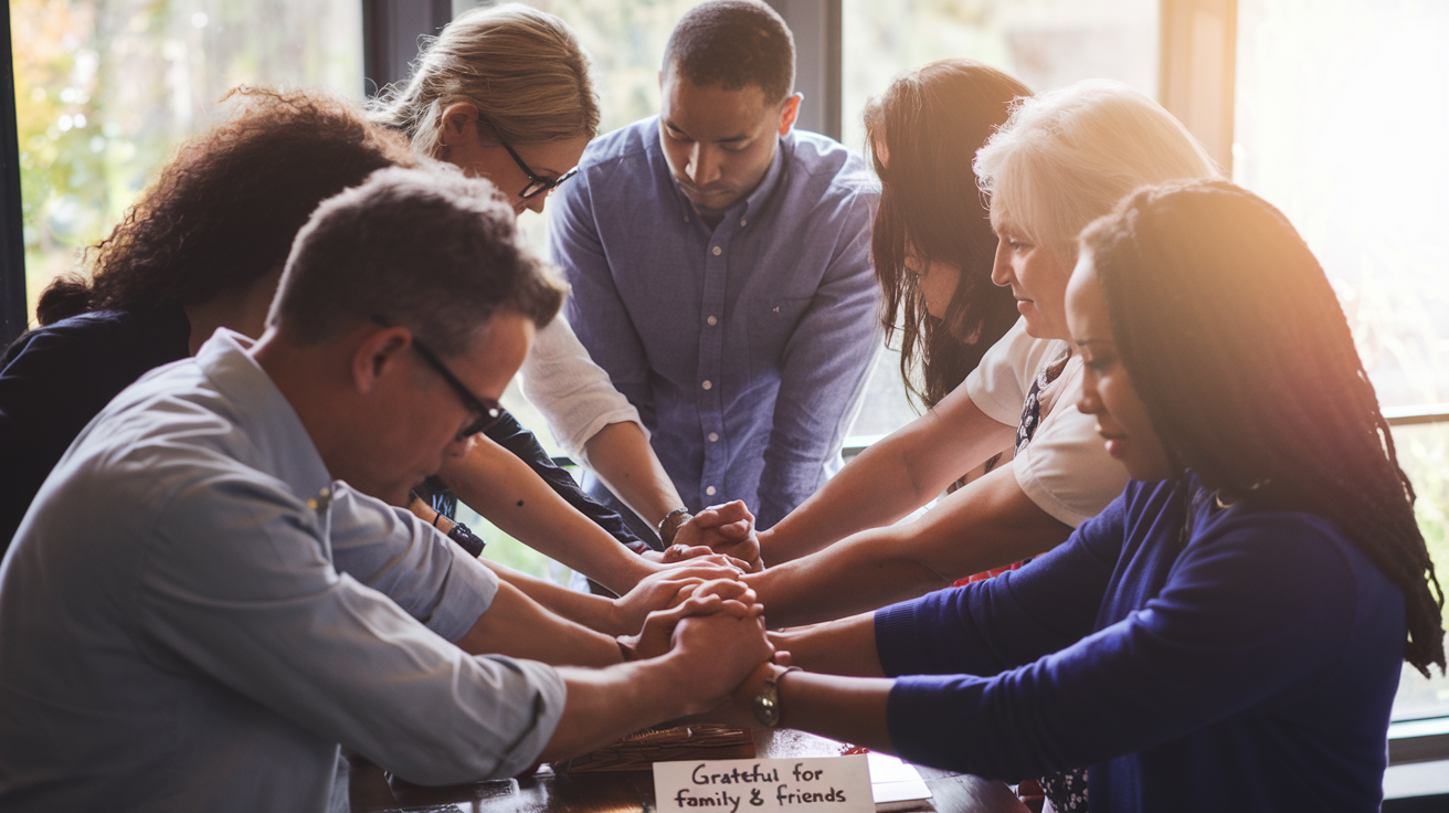 Create a realistic image of a diverse group of people holding hands in a circle, bowing their heads in prayer, with soft morning sunlight streaming through a window, illuminating their faces with a warm glow, and a handwritten note reading "Grateful for Family & Friends" visible on a nearby table.