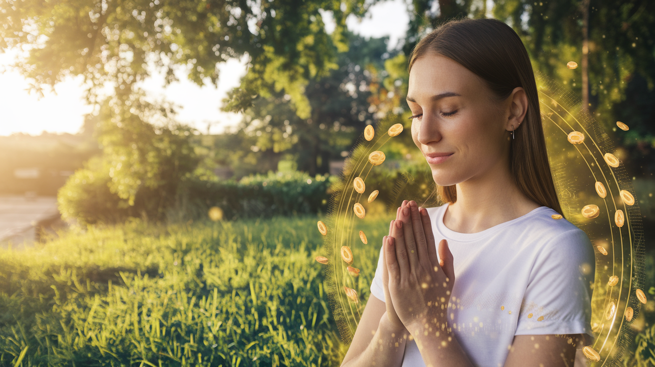 Create a realistic image of a white female with closed eyes and a serene smile, hands clasped in prayer, surrounded by golden light and shimmering coins, with a lush green background representing abundance and prosperity, warm morning sunlight filtering through trees, creating a peaceful and hopeful atmosphere.