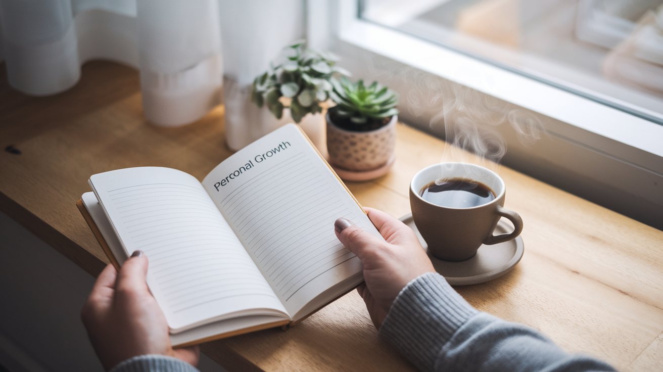 Create a realistic image of a person's hands holding an open journal with "Personal Growth" written at the top, surrounded by a soft morning light filtering through a window, with a steaming cup of coffee and a small potted plant nearby, creating a peaceful and reflective atmosphere for morning gratitude.