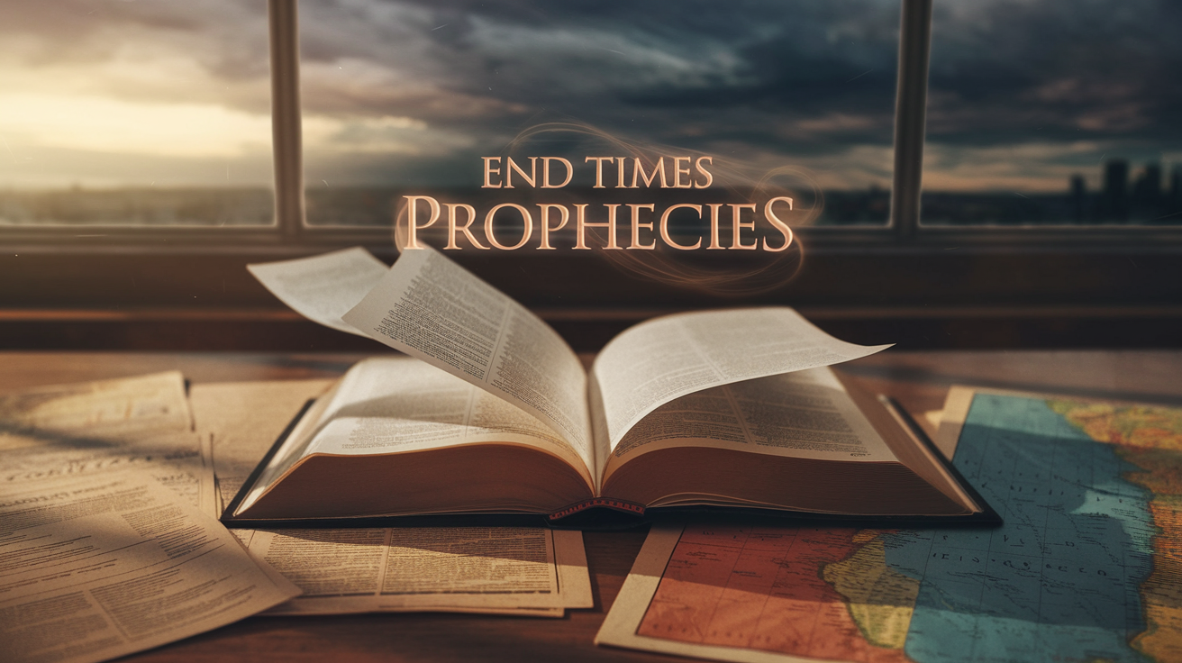 Create a realistic image of an open Bible on a wooden table, with pages fluttering as if caught in a gentle breeze, surrounded by faded newspaper clippings and world maps. A soft, golden light illuminates the scene, casting long shadows. In the background, a window reveals a stormy sky with dark clouds and a distant cityscape. The text "End Times Prophecies" appears to float above the Bible in a ethereal, glowing font.