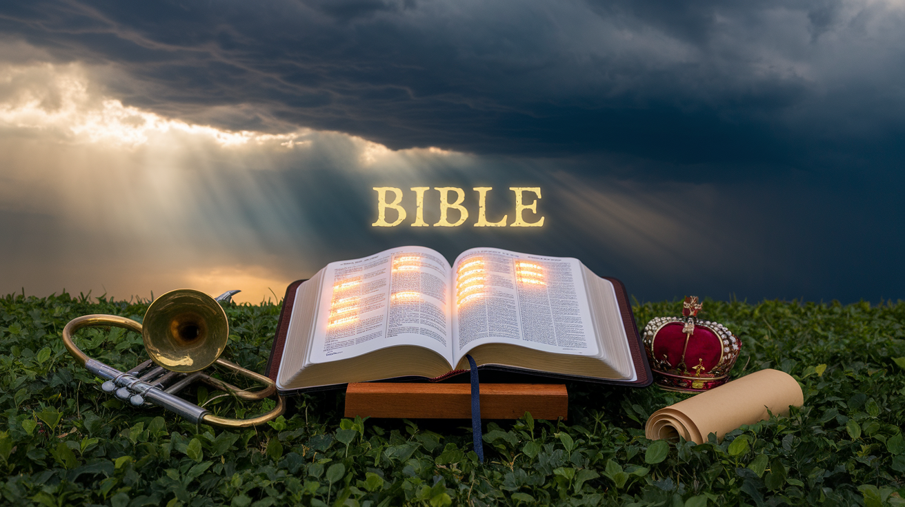 Create a realistic image of an open Bible with glowing text, surrounded by symbolic elements like a trumpet, a crown, and a scroll, set against a dramatic sky with dark storm clouds and rays of sunlight breaking through, conveying a sense of approaching judgment and divine revelation.