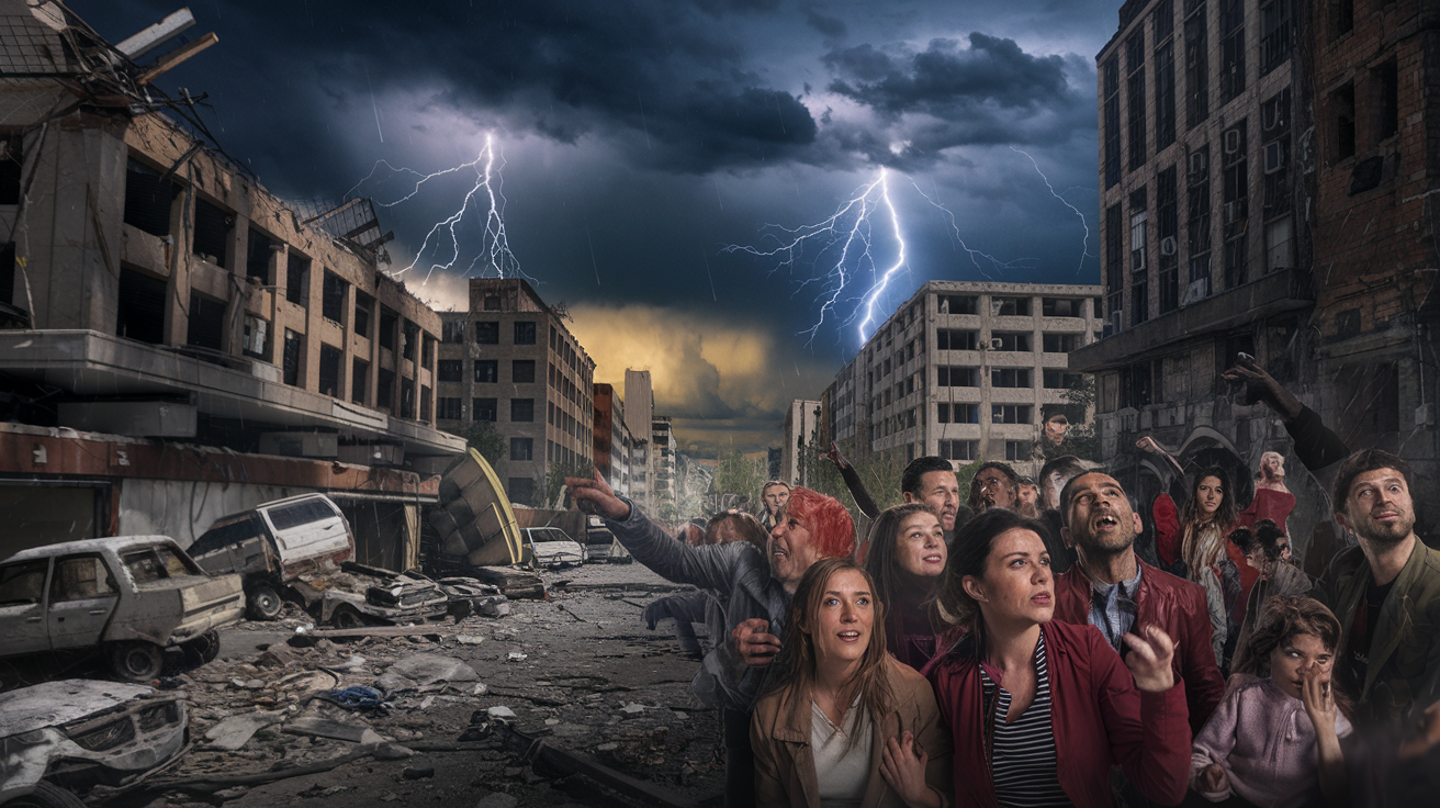 Create a realistic image of a chaotic cityscape with crumbling buildings, dark storm clouds overhead, and flashes of lightning illuminating the scene. In the foreground, show a diverse group of people looking distressed and fearful, with some pointing towards the sky. Include fallen debris and abandoned vehicles on the streets to convey a sense of disaster and upheaval.