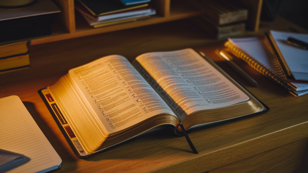 Create a realistic image of an open Bible illuminated by warm, golden light, with pages turned to prophetic sections, surrounded by study materials like notebooks, pens, and concordances, set on a wooden desk against a dimly lit background suggesting a serene study environment.