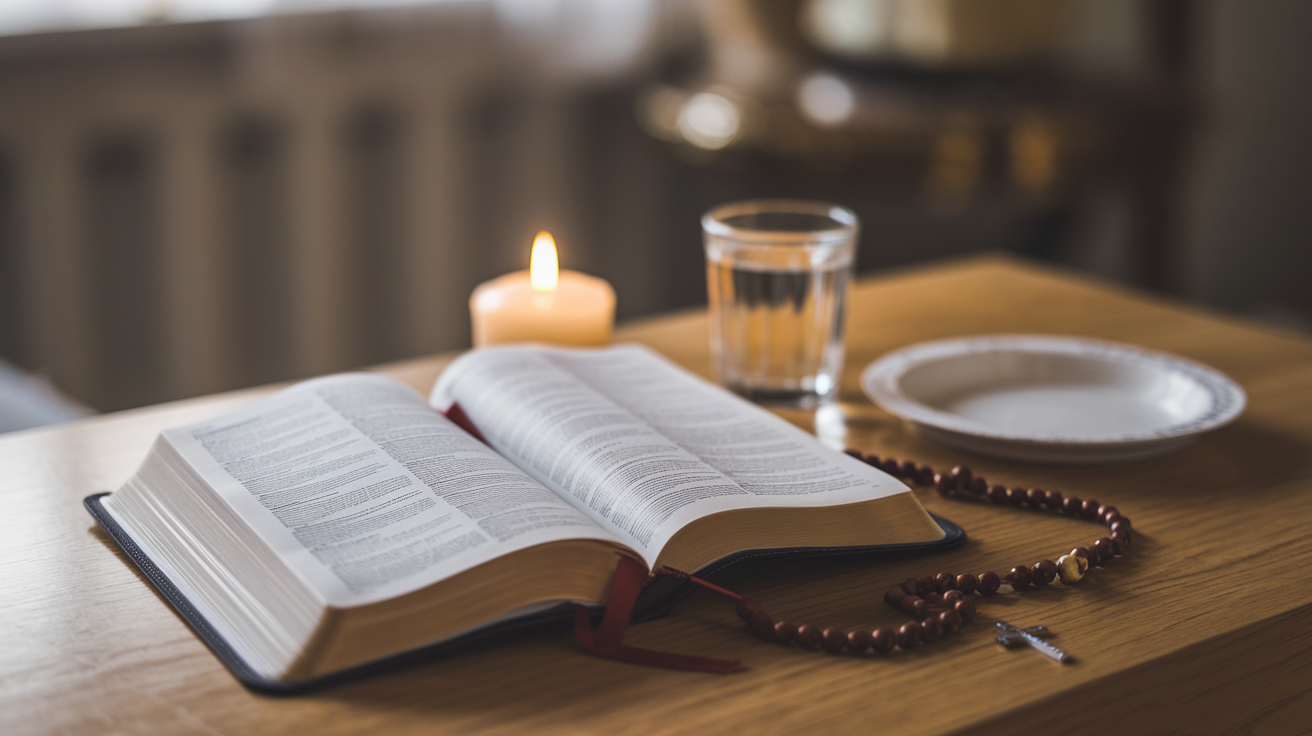 Create a realistic image of an open Bible on a wooden table with a rosary and a lit candle beside it, symbolizing prayer, while a glass of water and a blank plate represent fasting. Soft, warm lighting illuminates the scene, creating a serene and contemplative atmosphere.