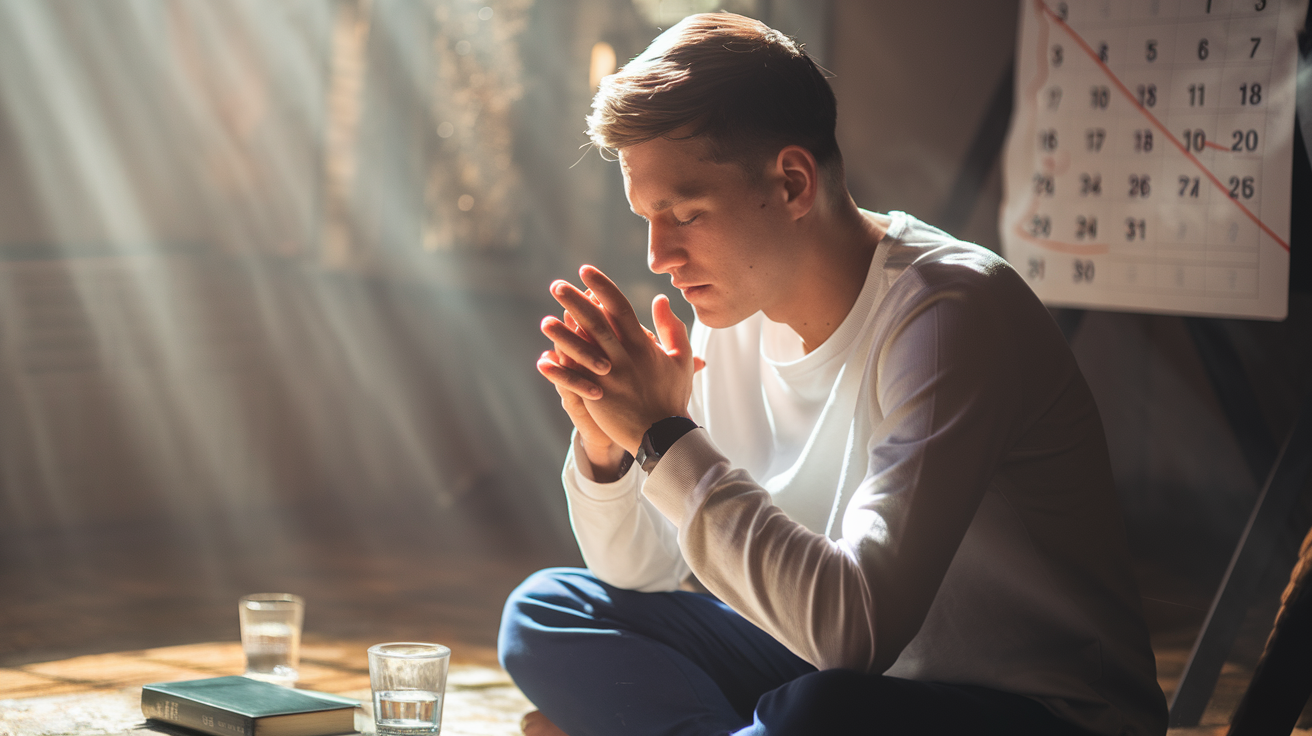 Create a realistic image of a white male with a serene expression, eyes closed, hands clasped in prayer, sitting cross-legged in a dimly lit room with soft, warm lighting. A Bible and a glass of water are visible nearby. The background shows a calendar on the wall with several days crossed out, indicating a period of fasting. Rays of light filter through a window, creating a spiritual atmosphere.