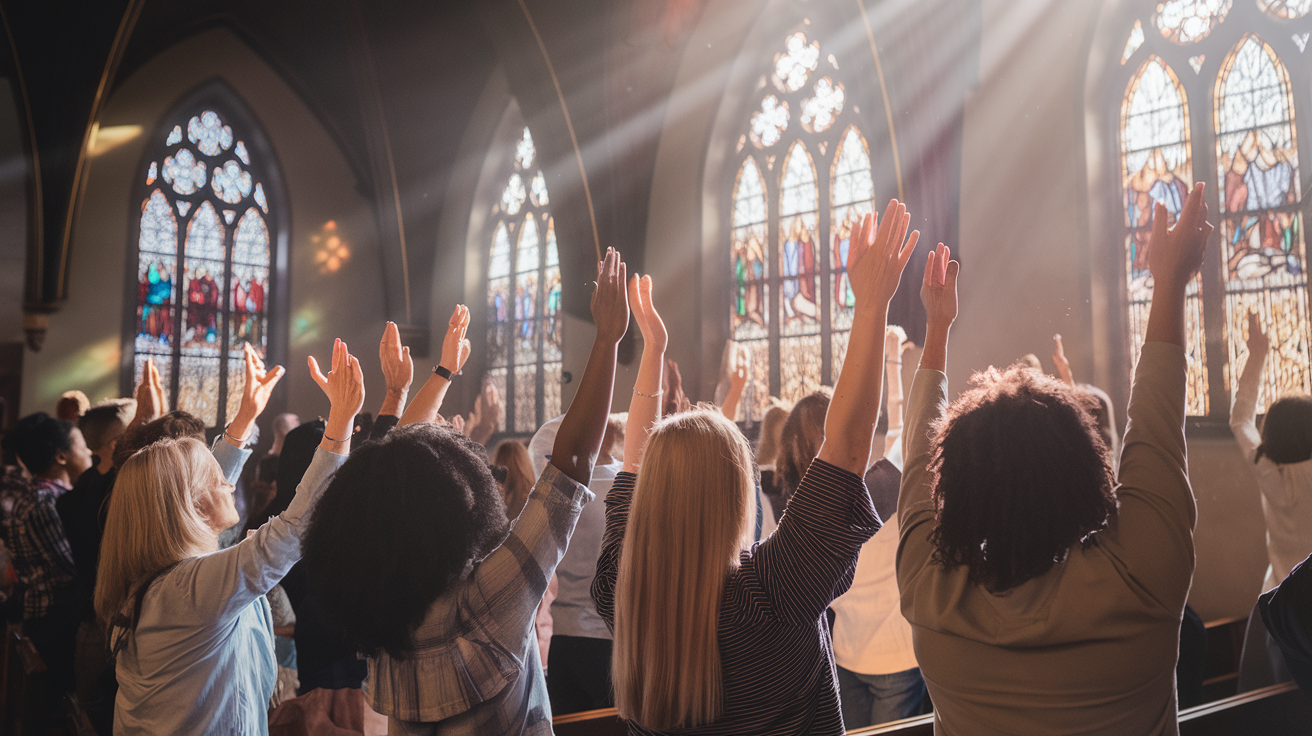 Create a realistic image of a diverse group of people with their hands raised in prayer, including men and women of various races, standing in a dimly lit church or cathedral with stained glass windows, sunlight streaming through, creating a warm and ethereal atmosphere, symbolizing the strength and power of prayer.