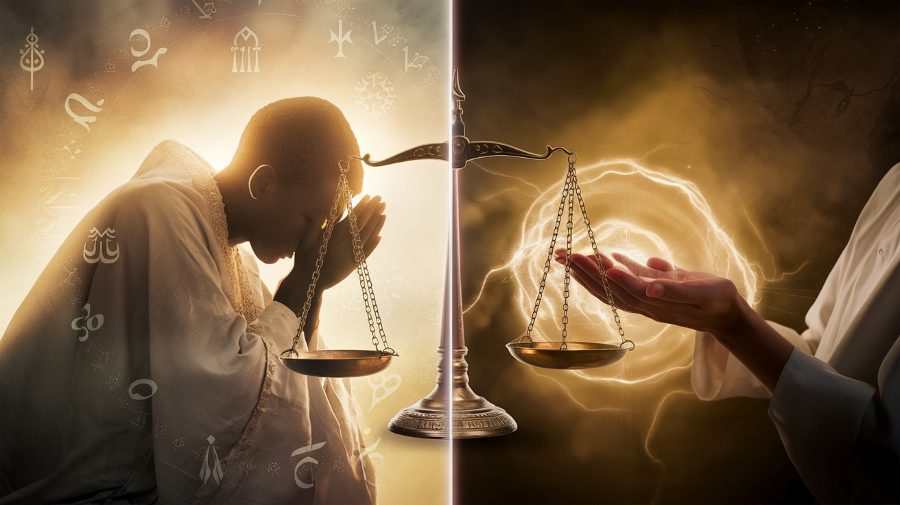 Create a realistic image of a split-screen composition showing two contrasting scenes: on the left, a person deep in prayer with a soft, golden glow surrounding them, and on the right, a person fasting with a visible aura of energy around them. The background should be ethereal and mystical, with faint symbols of different religions floating in the air. A scale in the center balances the two sides, emphasizing the comparison aspect.