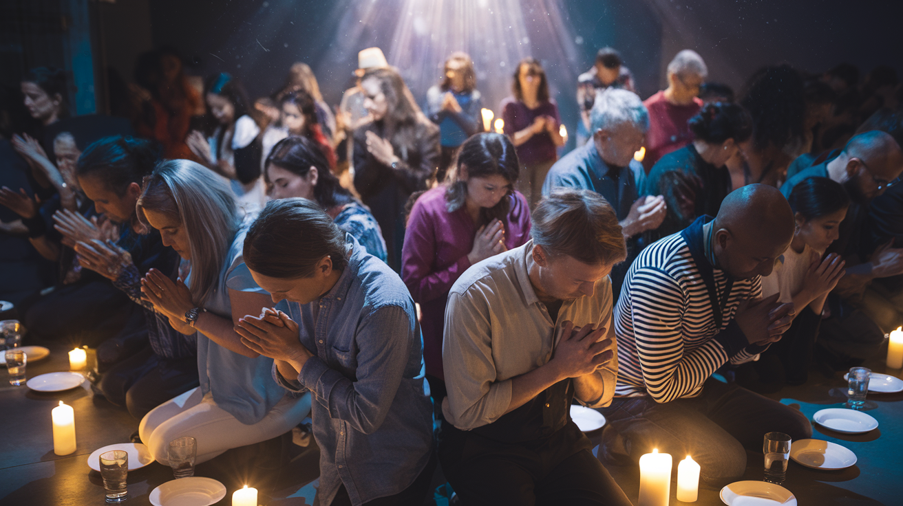 Create a realistic image of a diverse group of people, including white, black, and Asian individuals of both genders, kneeling in prayer with their hands clasped and heads bowed, surrounded by glowing candles in a dimly lit room, with empty plates and water glasses visible nearby, symbolizing fasting, and a soft, ethereal light shining down on them from above.