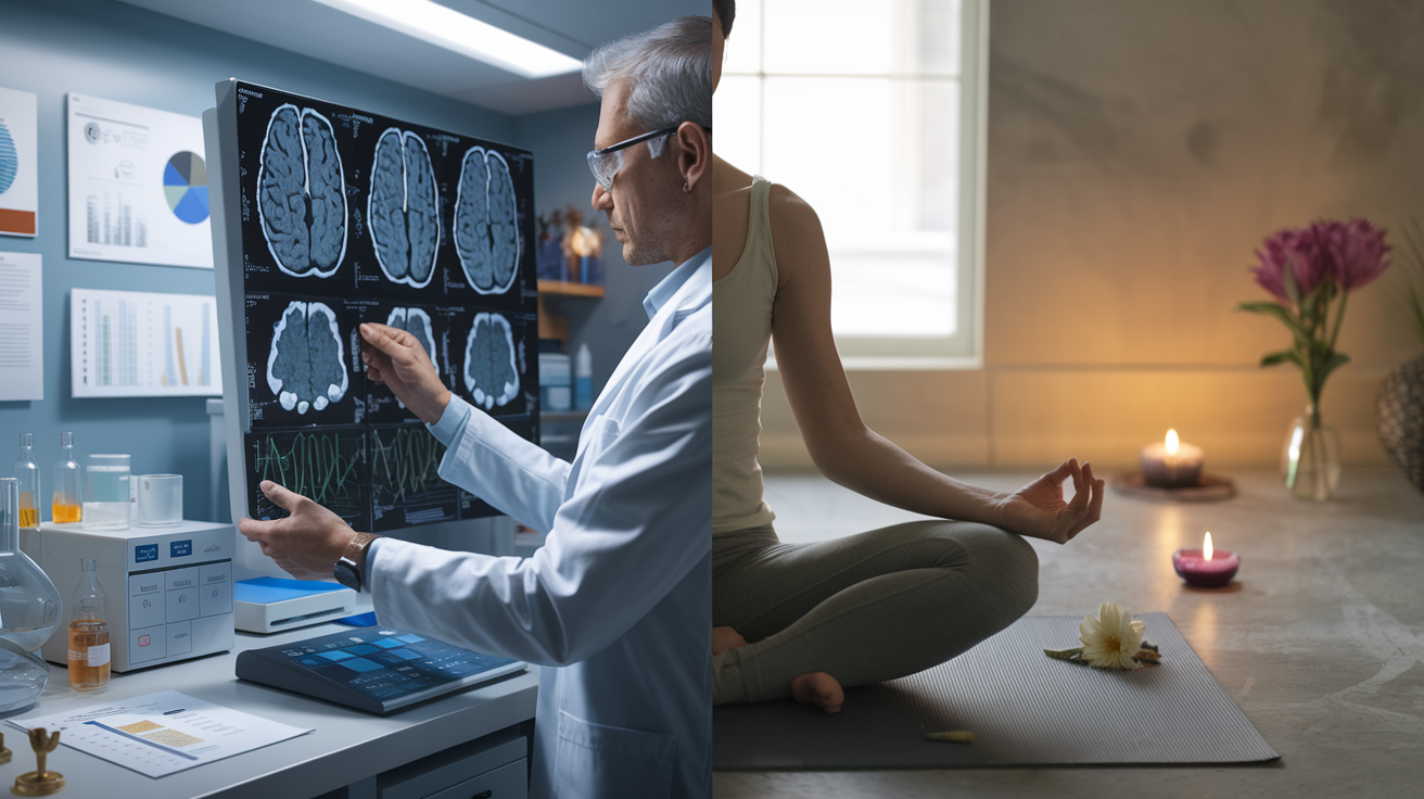 Create a realistic image of a split-screen laboratory setting with a scientist in a white coat examining brain scans on one side, and a person meditating in a peaceful room on the other, symbolizing the scientific study of both fasting and prayer. Include medical equipment, charts, and graphs in the background to represent scientific research.