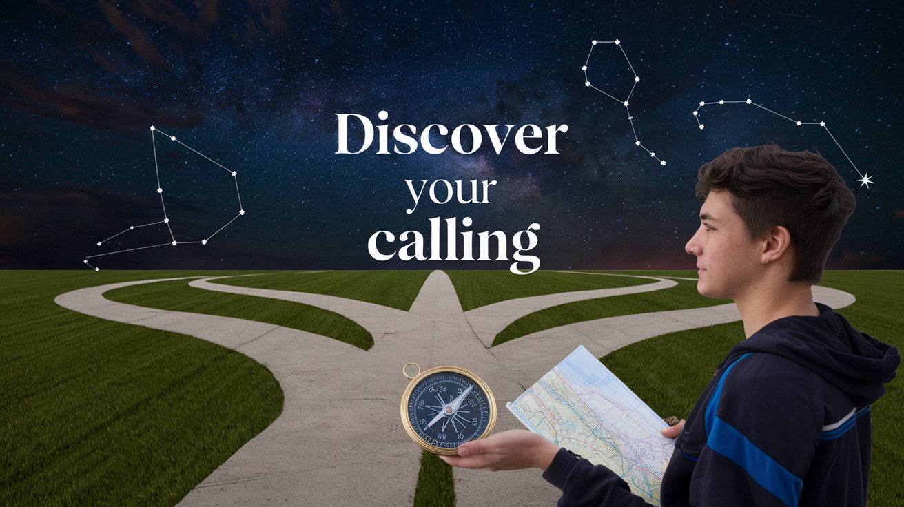 Create a realistic image of a young adult standing at a crossroads with multiple paths leading to different destinations, symbolizing life choices. The person is holding a compass and a map, looking thoughtful. In the background, a starry night sky with constellations forming abstract shapes. Text overlay: "Discover Your Calling".