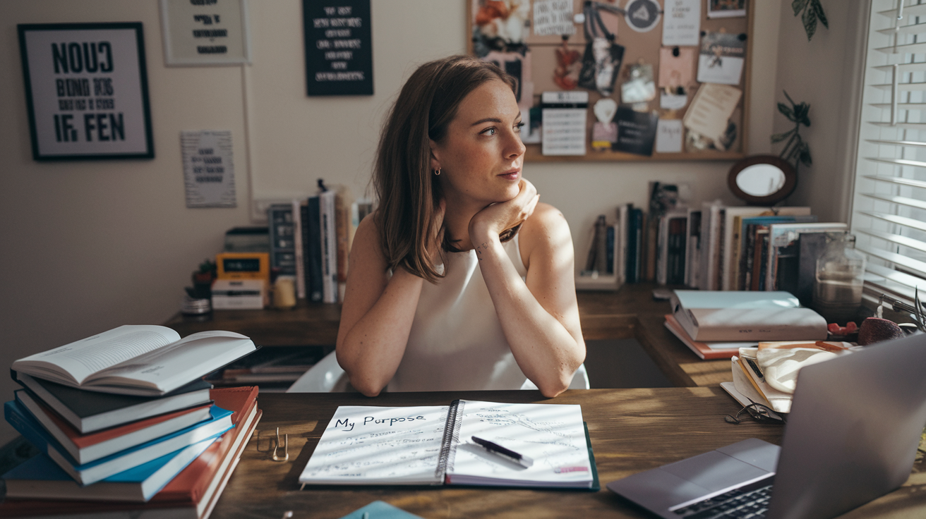 Create a realistic image of a white female in her 30s sitting at a wooden desk, surrounded by books, journals, and a laptop. She's gazing thoughtfully out a nearby window, with soft natural light illuminating her face. A notepad in front of her has "My Purpose" written at the top, with various notes and doodles visible. The background shows a cozy home office with inspirational quotes on the wall and a vision board pinned with career and life goals.