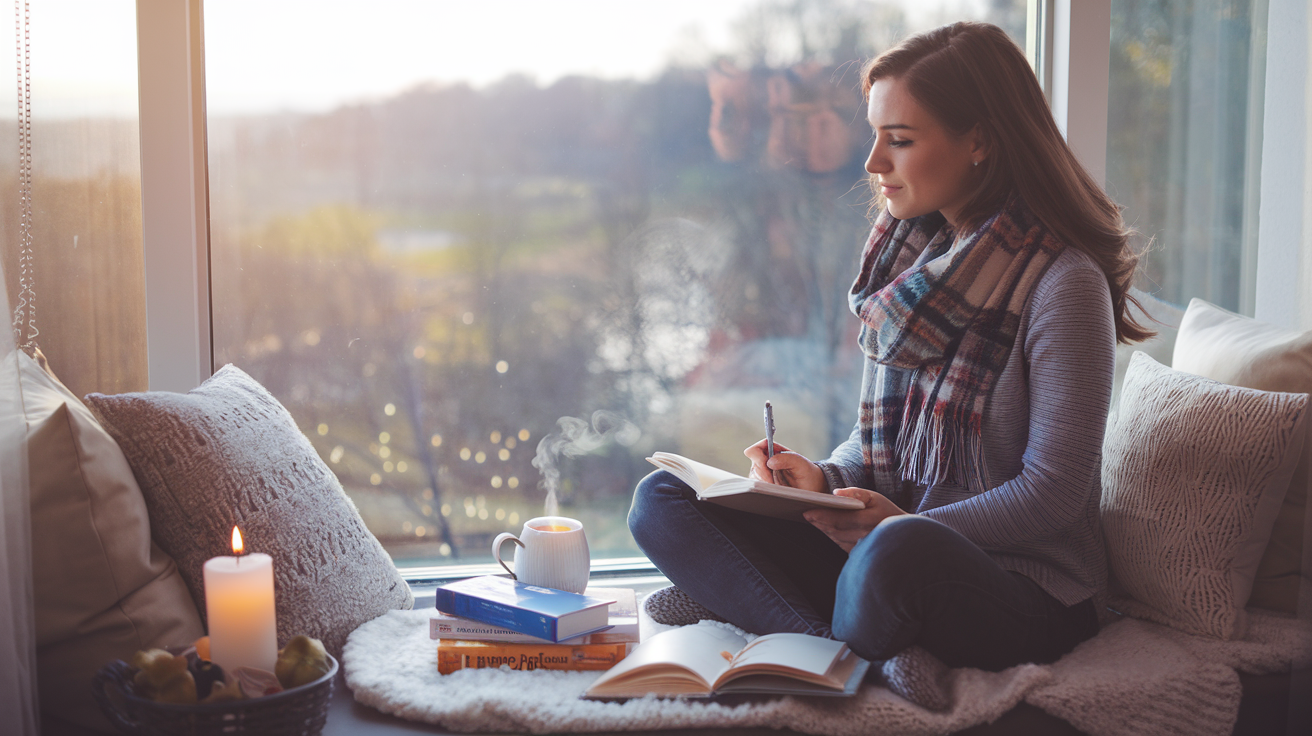 Create a realistic image of a young white female sitting cross-legged on a cozy window seat, gazing thoughtfully out at a scenic view. She's writing in a journal, surrounded by self-help books, a burning scented candle, and a steaming cup of tea. Soft, natural light illuminates the scene, creating a peaceful and introspective atmosphere.
