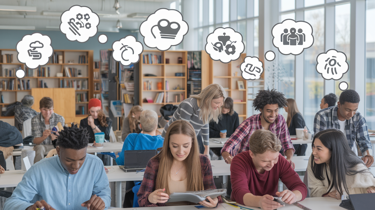 Create a realistic image of a diverse group of young adults exploring different career paths and hobbies, with floating thought bubbles above their heads containing icons representing various interests and skills, set in a bright, open space with bookshelves, workstations, and hobby equipment in the background, symbolizing self-discovery and personal growth.