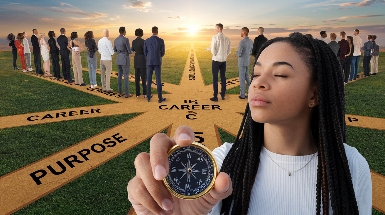 Create a realistic image of a diverse group of people standing at a crossroads, each path labeled with different career options. In the foreground, a young black woman looks thoughtful, holding a compass pointing towards a path labeled "Purpose". The background shows a sunrise, symbolizing new beginnings and hope. Warm, inspiring lighting illuminates the scene.