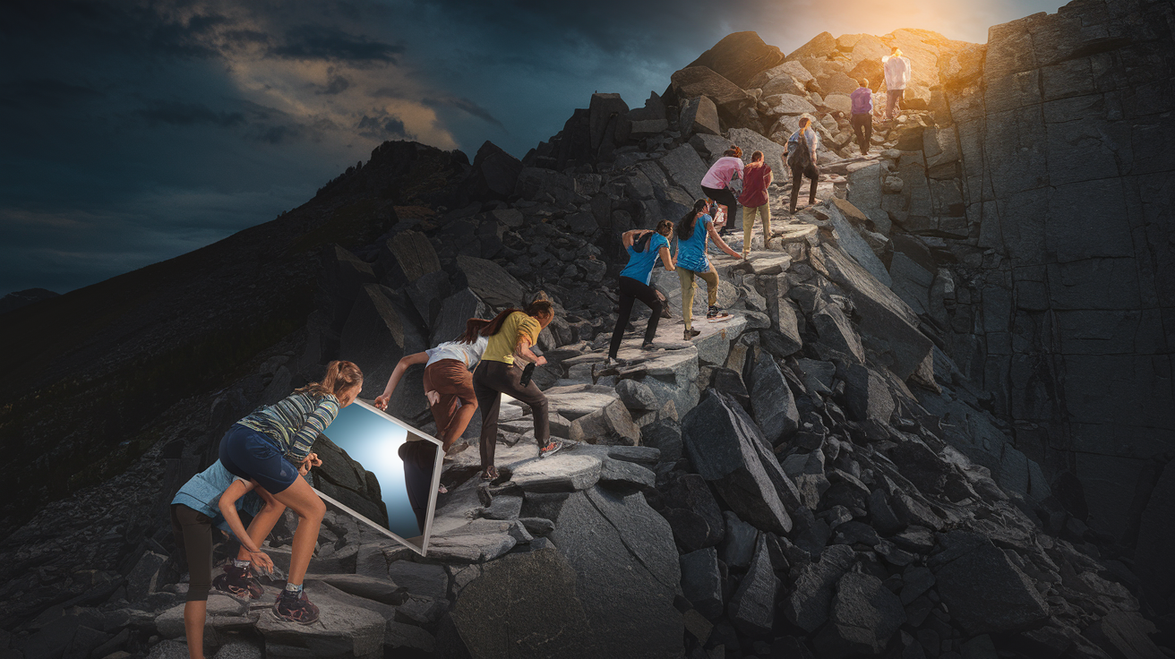 Create a realistic image of a diverse group of people climbing a steep, rocky mountain path, with some helping others over obstacles. The path is dimly lit, symbolizing uncertainty, but a warm light shines from the summit. In the foreground, a person is confronting a mirror-like obstacle reflecting their fears. The scene conveys determination, teamwork, and personal growth.