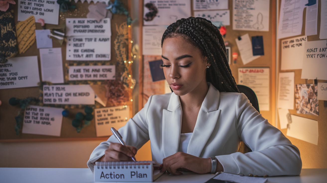 Create a realistic image of a determined young black female professional sitting at a desk, writing in a notebook labeled "Action Plan" with purpose. A vision board filled with career goals and inspirational quotes hangs on the wall behind her. Soft, warm lighting illuminates the scene, creating a focused and motivated atmosphere.
