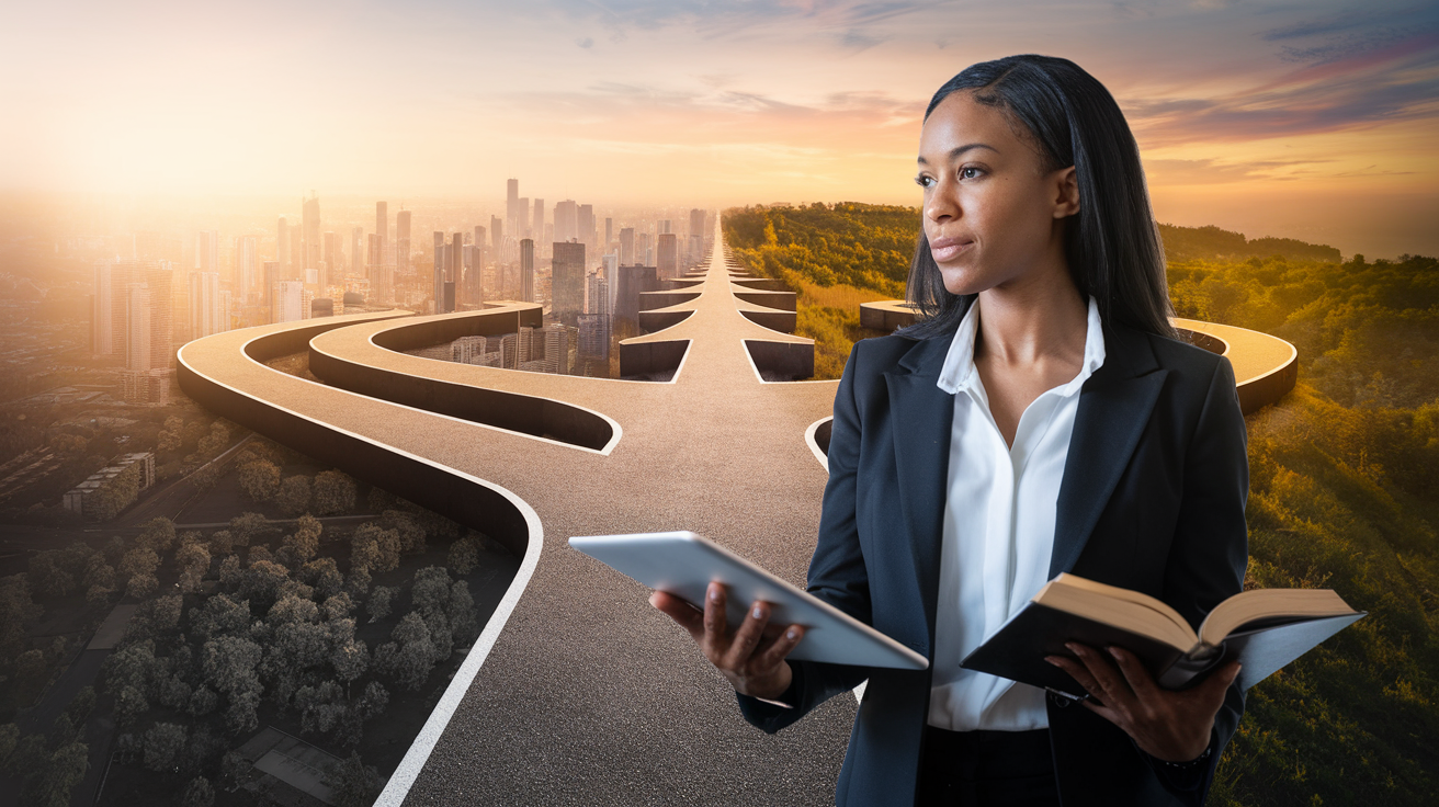 Create a realistic image of a black female professional in her 30s standing at a career crossroads, with multiple paths branching out before her, each path representing different career options. She has a determined expression, holding a book in one hand and a tablet in the other, symbolizing continuous learning. The background shows a cityscape transitioning into a natural landscape, representing adaptation to different environments. Soft, warm lighting illuminates the scene, creating an inspiring and hopeful atmosphere.