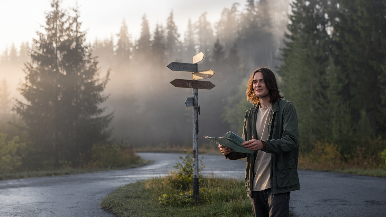 Create a realistic image of a young adult standing at a crossroads in a misty forest, looking thoughtfully ahead with a backpack and map in hand, symbolizing the start of a journey. Soft, golden sunlight filters through the trees, creating a hopeful atmosphere. A compass and weathered signpost with multiple arrows point in different directions, representing life choices and potential paths.
