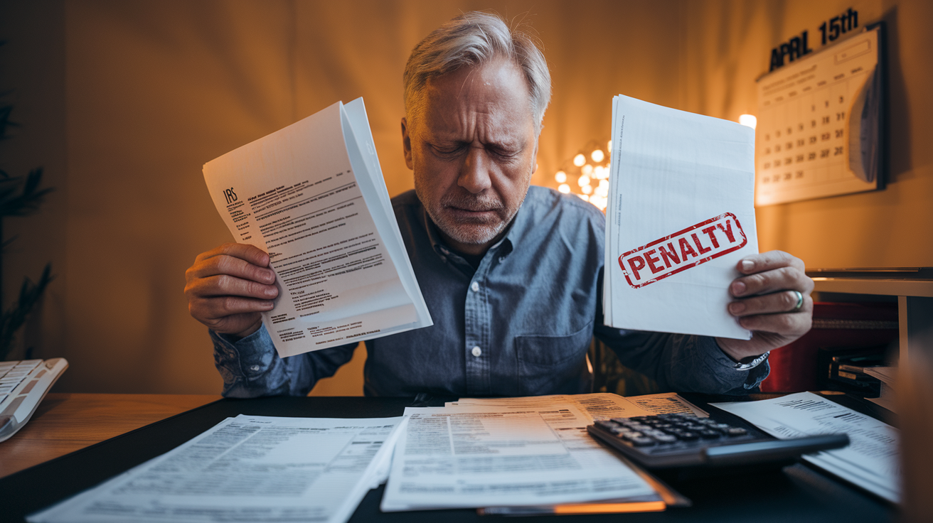 Create a realistic image of a worried middle-aged white male sitting at a desk with tax forms and a calculator, looking at an official IRS letter with a red "PENALTY" stamp visible, a calendar showing April 15th in the background, and warm indoor lighting creating a tense atmosphere.