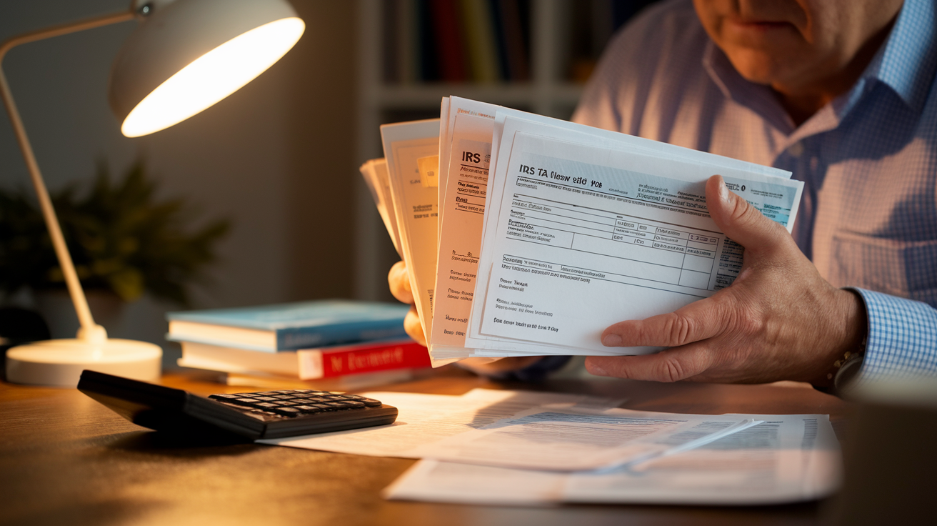 Create a realistic image of a close-up view of a worried middle-aged white male's hands holding a stack of IRS tax forms and envelopes, with a calculator and an overdue notice visible nearby on a wooden desk, all illuminated by warm desk lamp light, conveying a sense of financial stress and urgency.