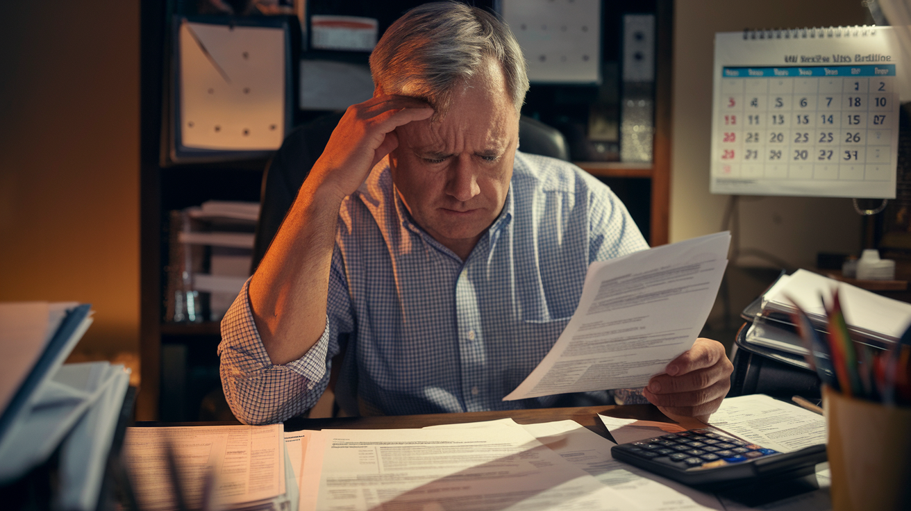 Create a realistic image of a stressed middle-aged white male sitting at a cluttered desk with tax forms and a calculator, looking worried as he examines a late filing penalty notice from the IRS, with a calendar showing an overdue tax deadline in the background, and warm, dim lighting to emphasize the tense atmosphere.