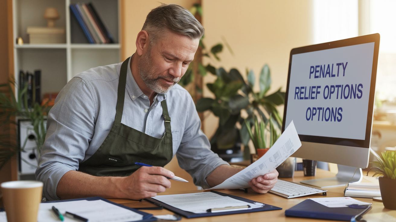 Create a realistic image of a middle-aged white male sitting at a desk, looking relieved while reviewing IRS tax documents and forms. A computer screen in the background displays "Penalty Relief Options" text. Warm office lighting illuminates the scene, creating a hopeful atmosphere.
