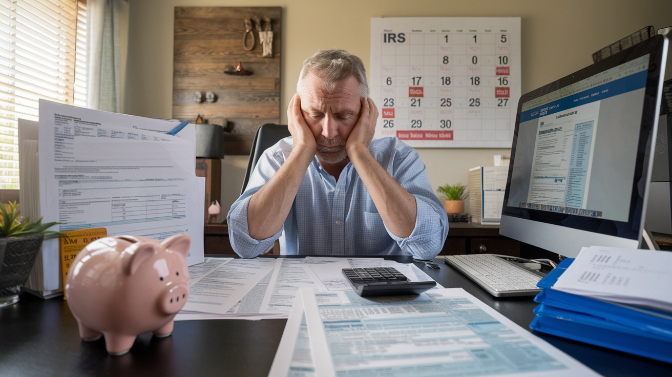 Create a realistic image of a middle-aged white male sitting at a desk with a concerned expression, surrounded by tax forms and a calculator. A calendar on the wall prominently displays tax deadlines. A computer screen shows the IRS website, and a piggy bank sits nearby. The scene is well-lit, emphasizing the paperwork and creating a sense of urgency and importance.
