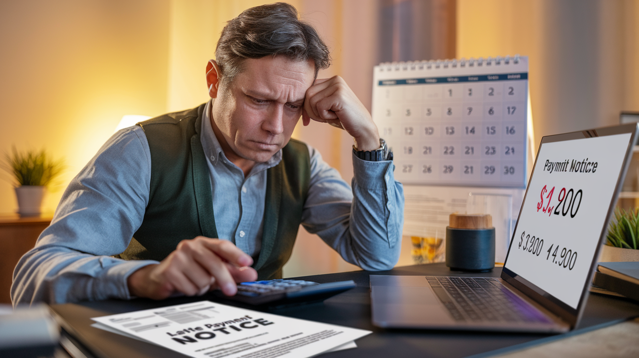 Create a realistic image of a stressed middle-aged white male at a desk with IRS tax forms and a calculator, looking at a laptop screen displaying penalty amounts, with a calendar showing overdue dates in the background, warm indoor lighting, and a "Late Payment Notice" letter visible on the desk.