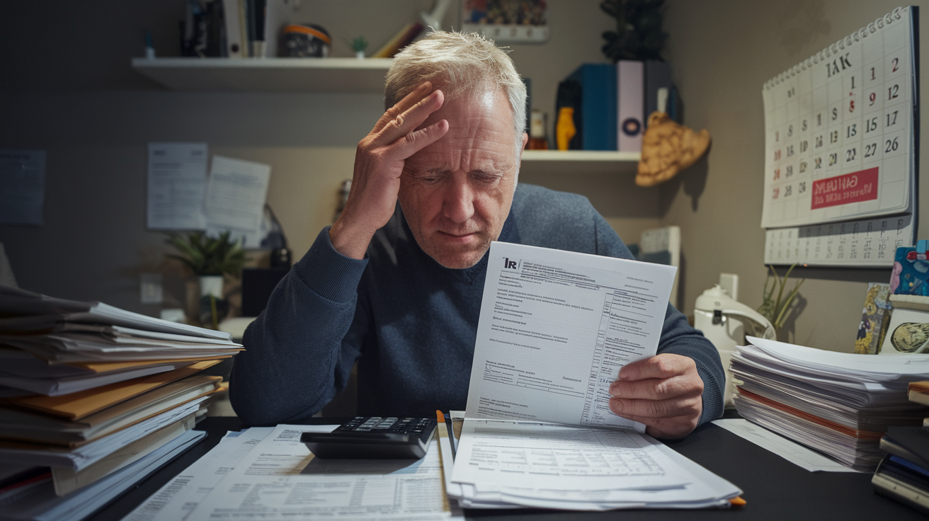 Create a realistic image of a stressed middle-aged white male sitting at a desk with tax forms and a calculator, looking worried while examining an official IRS letter, with stacks of paperwork and a calendar showing tax deadline nearby, in a dimly lit home office setting.