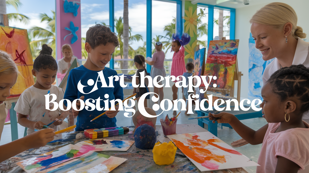 Create a realistic image of a diverse group of children in Cape Coral, including white and black boys and girls, engaged in various art therapy activities such as painting, sculpting, and drawing. The scene is set in a bright, colorful art studio with large windows overlooking palm trees. Children's artwork is displayed on the walls, and an art therapist is guiding a child. The mood is joyful and focused. Include the text "Art Therapy: Boosting Confidence" in a stylized font.