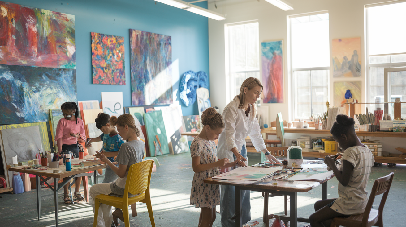Create a realistic image of a bright, sunlit art therapy studio in Cape Coral, Florida, with colorful paintings on the walls, art supplies scattered on tables, and a white female art therapist guiding a diverse group of children as they work on creative projects, conveying a sense of exploration and confidence-building through artistic expression.