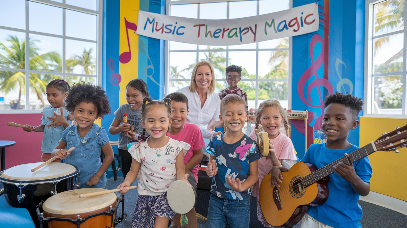 Create a realistic image of a diverse group of smiling children in a bright, colorful music therapy room in Miami, playing various musical instruments with a white female therapist. The room should have large windows with palm trees visible outside, musical notes painted on the walls, and a banner reading "Music Therapy Magic". In the foreground, show a black male child enthusiastically playing a drum while a Hispanic female child strums a guitar nearby.