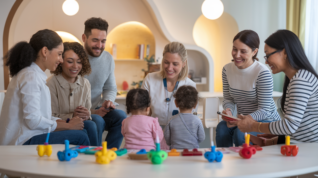 Create a realistic image of a diverse group of smiling parents (including white, black, and Hispanic mothers and fathers) seated in a circle in a bright, modern therapy room, with colorful musical instruments scattered around them. A white female therapist is demonstrating a technique with a young child in the center, while other parents are taking notes or nodding in agreement. Soft, warm lighting illuminates the scene, creating a nurturing atmosphere.