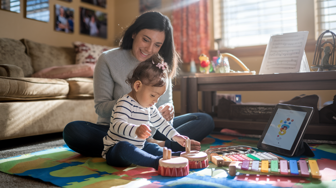 Create a realistic image of a Hispanic mother and her young daughter sitting on a colorful playmat in a cozy living room, engaging with musical instruments like small drums and a xylophone. The mother is smiling encouragingly as the child explores the instruments. Sunlight streams through a nearby window, illuminating sheet music and a tablet displaying a music therapy app on a nearby coffee table. The room's warm tones and family photos on the walls create a nurturing atmosphere.