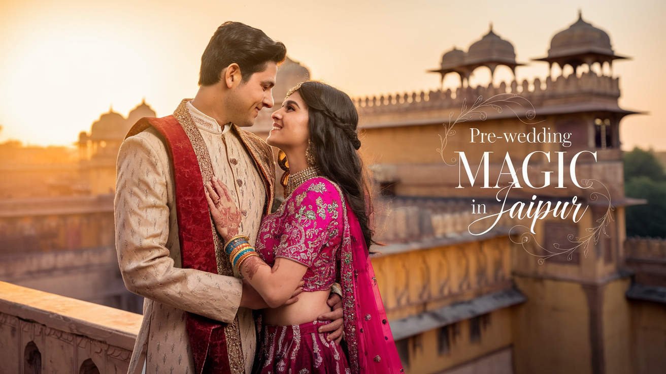 Create a realistic image of a young Indian couple in traditional Rajasthani attire during a pre-wedding photoshoot at Amer Fort in Jaipur, with the man wearing a regal sherwani and the woman in a vibrant lehenga, posing lovingly against the backdrop of golden palace architecture during sunset, with the warm glow of golden hour illuminating their faces, and subtle text "Pre-Wedding Magic in Jaipur" elegantly placed in the corner.