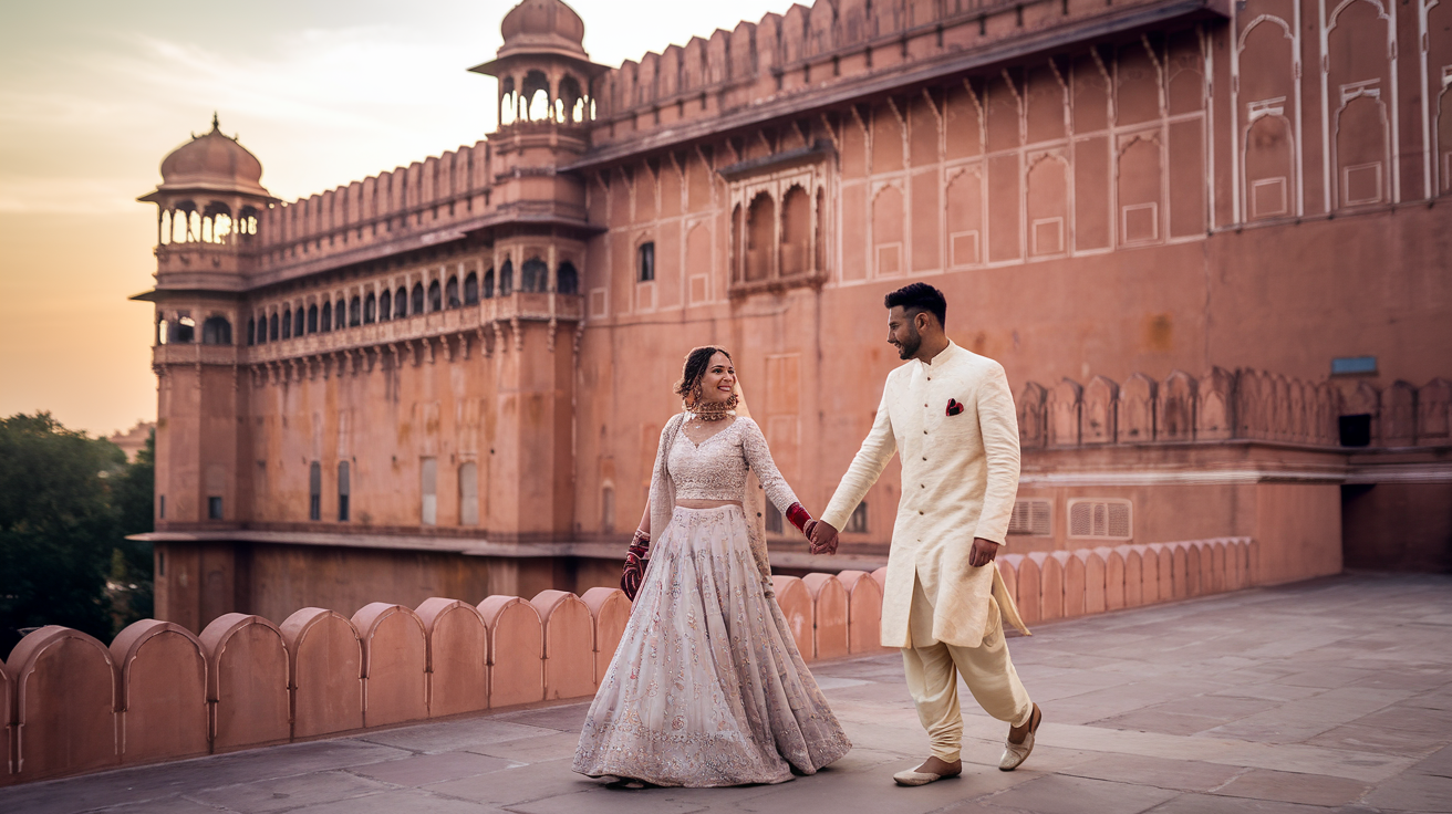 Create a realistic image of an Indian couple in traditional wedding attire holding hands and walking through the majestic Amber Fort in Jaipur during golden hour, with the fort's ornate architecture, pink sandstone walls, and intricate jharokha windows in the background, showcasing the rich heritage and romantic ambiance that makes Jaipur an ideal pre-wedding photoshoot destination.