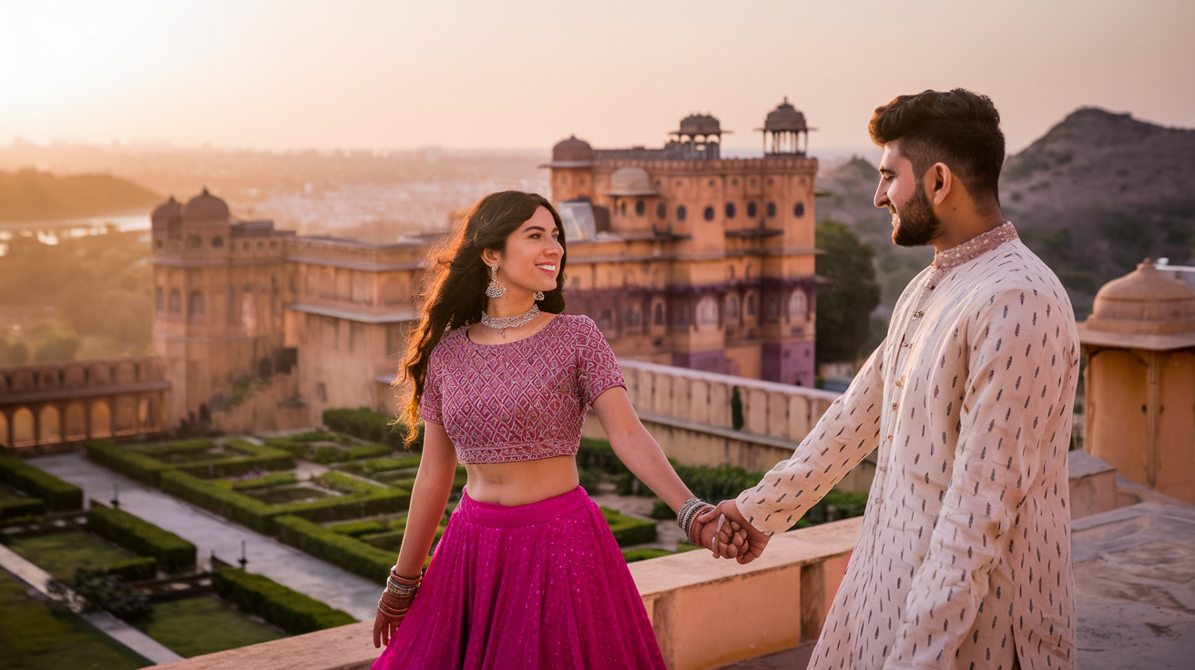 Create a realistic image of a young Indian couple in traditional colorful Rajasthani attire posing romantically against the backdrop of Jaipur's iconic Amer Fort during golden hour, with the couple holding hands on a terrace overlooking the ancient palace complex, warm sunset light casting a romantic glow on their faces, manicured gardens and the distant city of Jaipur visible in the background.