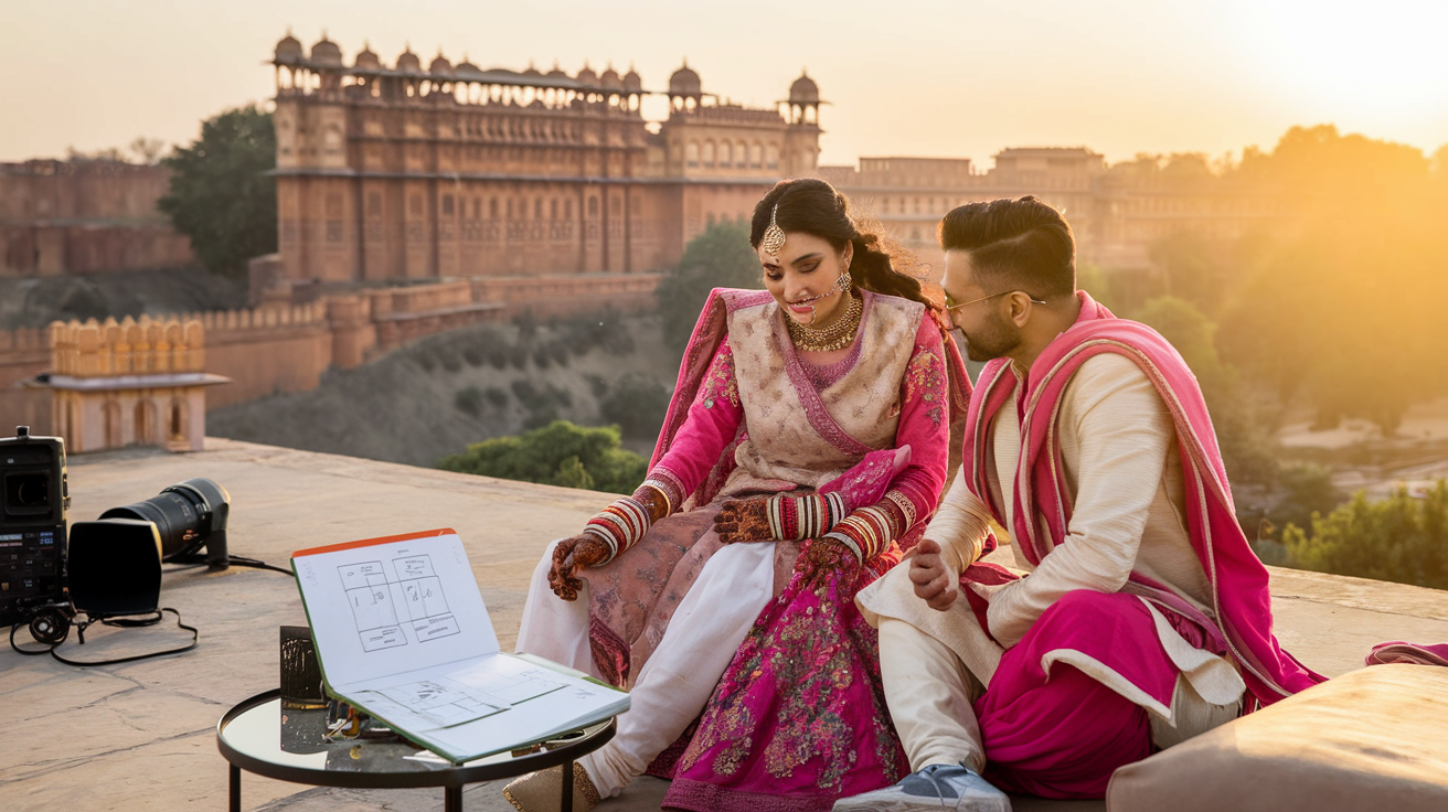 Create a realistic image of an Indian couple dressed in colorful traditional attire, reviewing a pre-wedding photoshoot plan with a photographer at a scenic Jaipur location, with Amber Fort visible in the background, golden hour lighting creating a warm glow, photography equipment visible nearby, and a planning notebook with location ideas open on a small table.