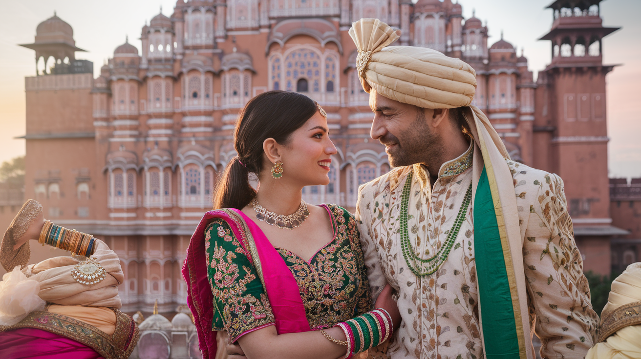 Create a realistic image of an Indian couple in traditional Rajasthani attire standing in front of Jaipur's iconic Hawa Mahal, with the woman wearing a vibrant lehenga and the man in a stylish sherwani, surrounded by styling accessories like jewelry and turbans, with soft golden hour lighting casting warm tones on their faces, representing styling tips for pre-wedding photoshoots in Jaipur.