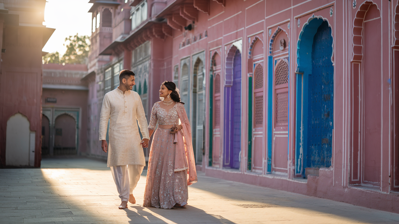Create a realistic image of a South Asian couple in traditional attire walking hand-in-hand through a hidden alley in Jaipur, with ancient colorful doorways, intricate architecture, and soft golden sunset light illuminating their faces, capturing a candid moment that blends romance with Jaipur's unique cultural heritage.