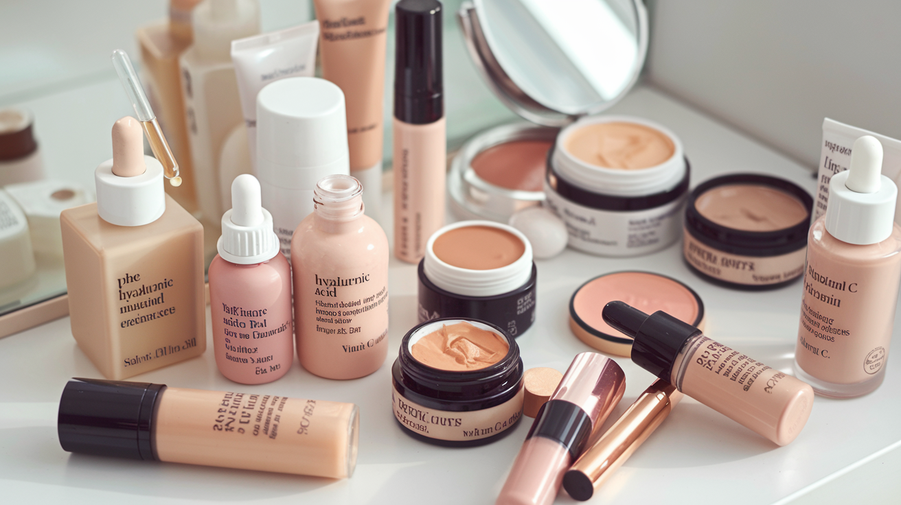 Create a realistic image of a makeup vanity with various skincare-infused makeup products scattered across it, including foundation bottles with droppers, tinted moisturizers, BB creams, and serums. The products should have labels emphasizing skincare ingredients like hyaluronic acid, vitamin C, and retinol. A soft, natural light illuminates the scene, highlighting the dewy texture of the products. A magnifying mirror in the corner reflects a blurred image of glowing skin.