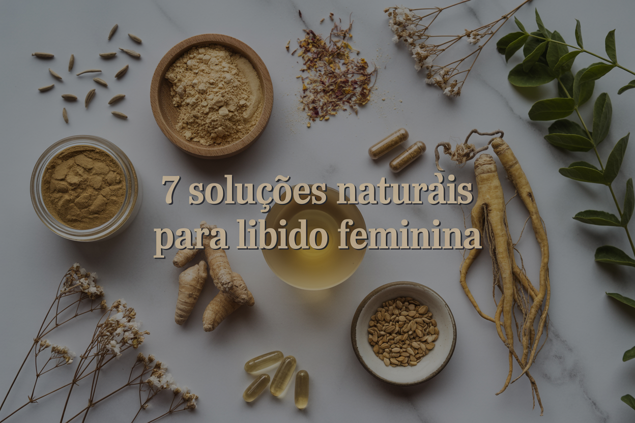 Composição de remédios naturais incluindo ginseng, gengibre e sementes para 7 soluções naturais para melhorar a libido feminina, dispostos em superfície de mármore branco.