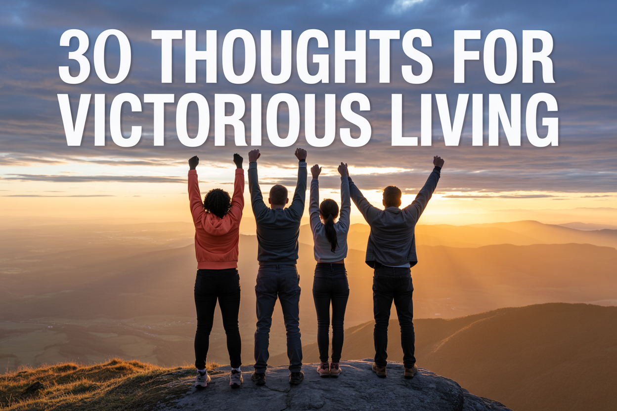 Create a realistic image of a diverse group of four people - one black female, one white male, one Asian female, and one Hispanic male - standing confidently on a mountain summit at sunrise, with their arms raised in victory, overlooking a vast landscape of rolling hills and valleys below, golden sunlight breaking through clouds creating an inspirational atmosphere, with the text "30 Thoughts for Victorious Living" elegantly overlaid in bold white letters across the sky, conveying triumph, success, and personal achievement.