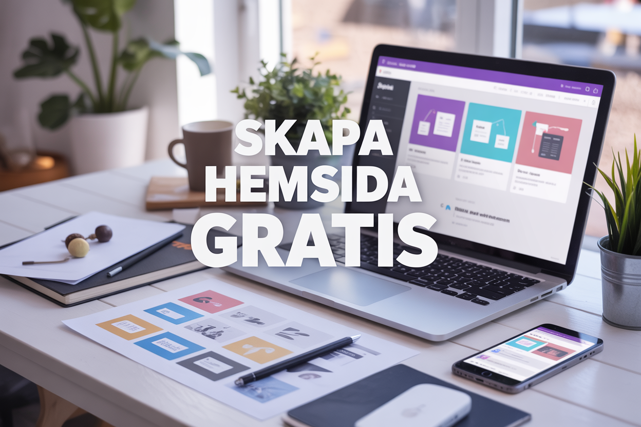 Create a realistic image of a modern, clean workspace with a laptop computer displaying a website builder interface on the screen, showing colorful drag-and-drop website elements and templates, surrounded by design sketches and notes on paper, a smartphone displaying a mobile website version, small potted plants, and a coffee cup, all arranged on a white wooden desk against a soft, naturally lit background with the text "Skapa Hemsida Gratis" prominently displayed in modern, bold typography overlaying the scene.