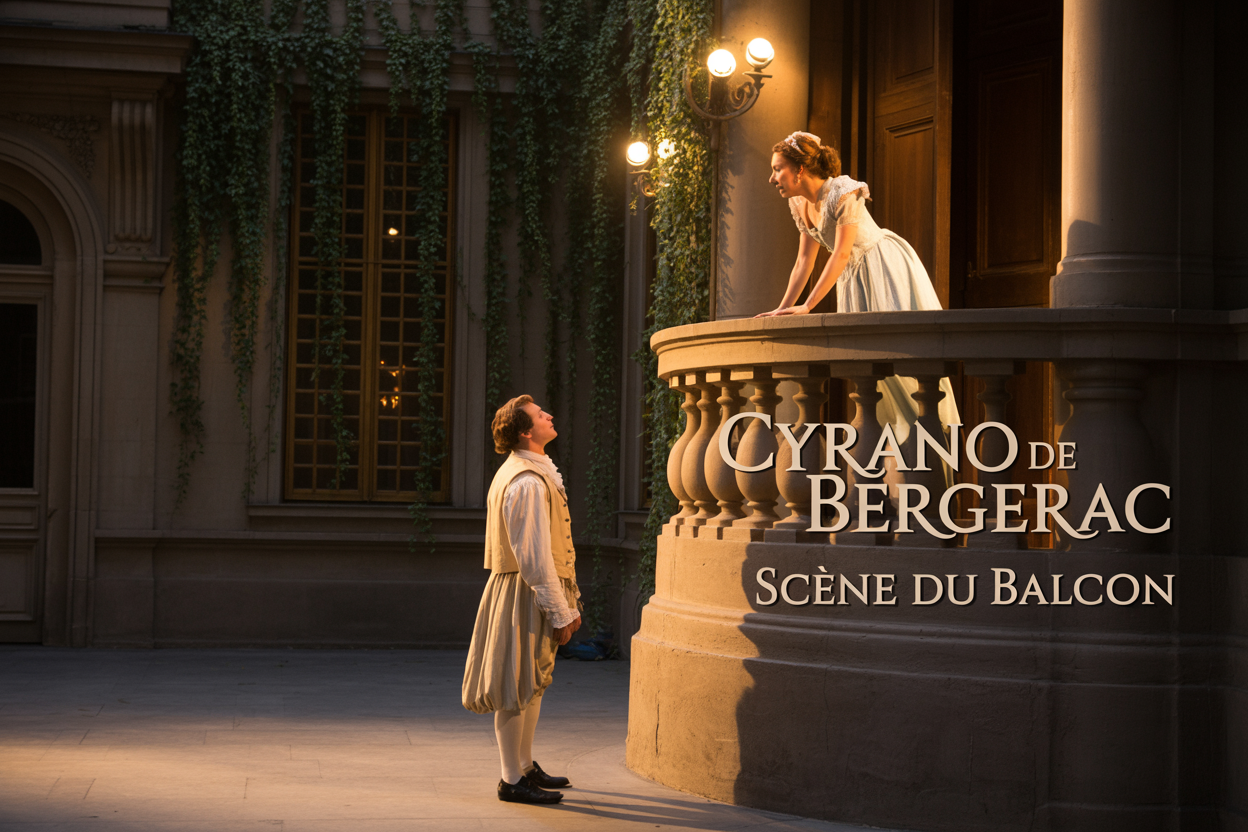 Create a realistic image of a romantic theater balcony scene with a white male actor in period costume standing below looking up at a white female actress in an elegant 17th century dress on an ornate stone balcony, dramatic warm stage lighting casting shadows, classical French architecture with ivy-covered walls in the background, theatrical atmosphere with golden spotlights, include the text "Cyrano de Bergerac - Scène du Balcon" in elegant serif font overlay.