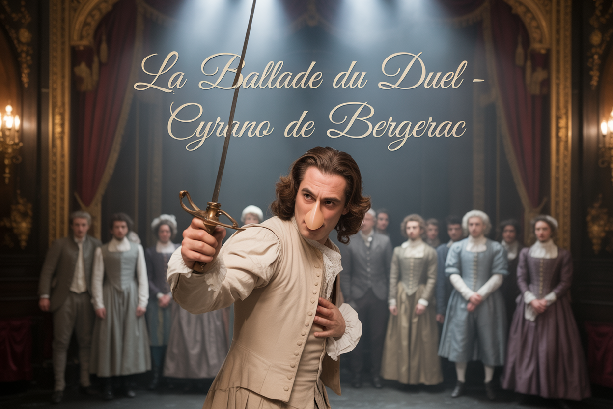 Create a realistic image of a white male actor in 17th century French costume with a prominent prosthetic nose portraying Cyrano de Bergerac, holding a rapier in an elegant dueling pose on a dimly lit theater stage with dramatic spotlighting, surrounded by period-dressed audience members in the background, with ornate baroque theater architecture visible, and the text "La Ballade du Duel - Cyrano de Bergerac" overlaid in elegant golden French script in the upper portion of the image, capturing the theatrical intensity and poetic grace of the famous dueling scene.