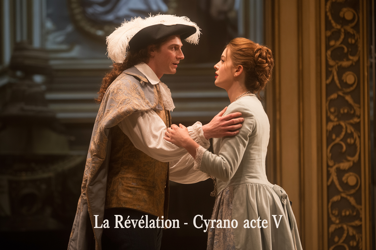 Create a realistic image of a white male actor with a prominent nose portraying Cyrano de Bergerac in 17th century French costume with feathered hat and cape, standing in dramatic stage lighting next to a white female actress in an elegant period dress representing Roxane, both positioned on a theater stage with ornate baroque backdrop, the scene capturing an emotional moment of revelation with soft golden lighting creating shadows that emphasize the dramatic tension, include the text "La Révélation - Cyrano Acte V" in elegant serif font overlay.