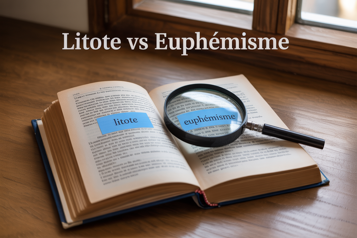 Create a realistic image of an open French grammar book on a wooden desk with two highlighted sections showing examples of "litote" and "euphémisme" with clear visual separation between the concepts, a magnifying glass positioned over the text to emphasize clarity and distinction, warm natural lighting from a window, and the text "Litote vs Euphémisme" elegantly displayed at the top of the image in serif font.